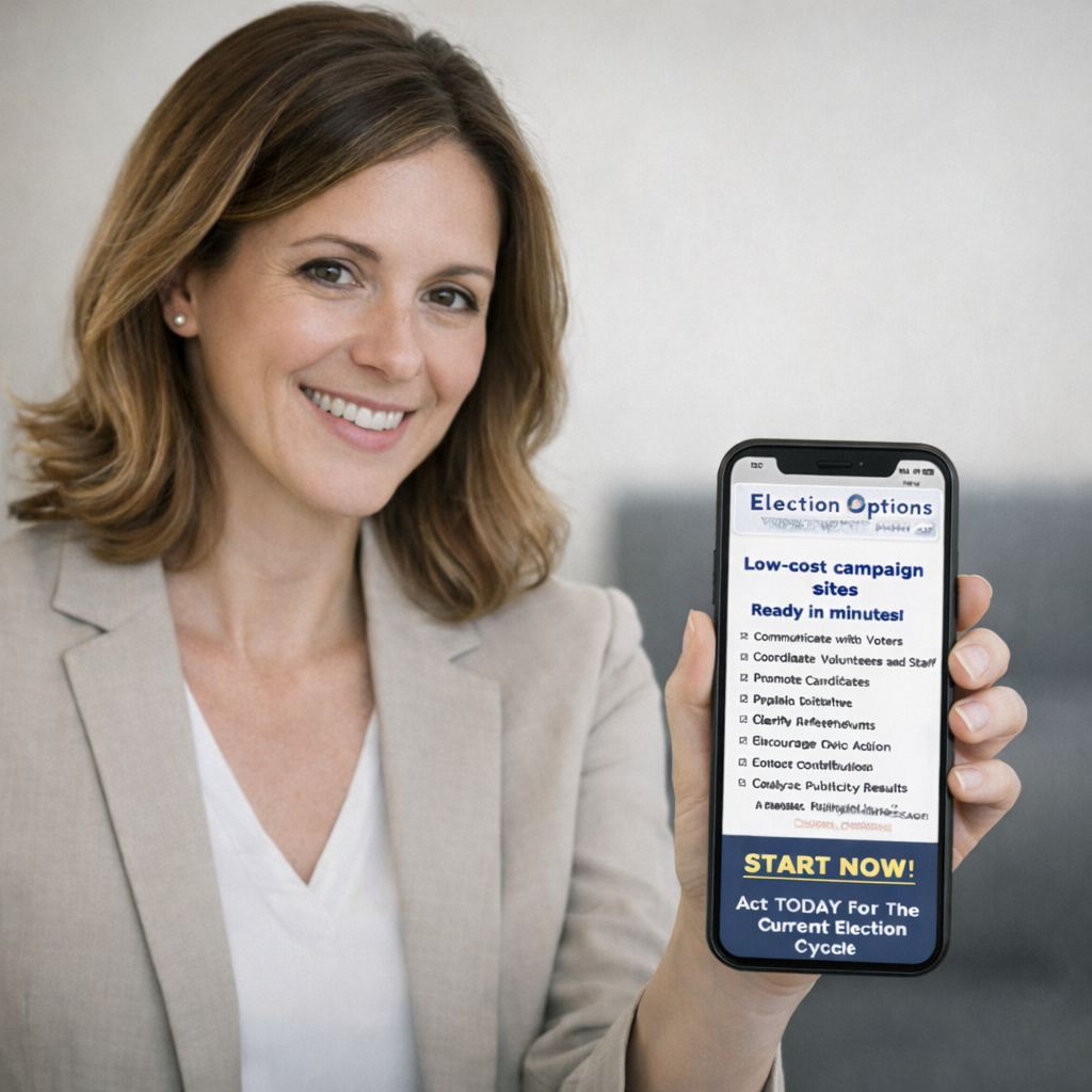 Smiling Angelina holding phone with EO home page.